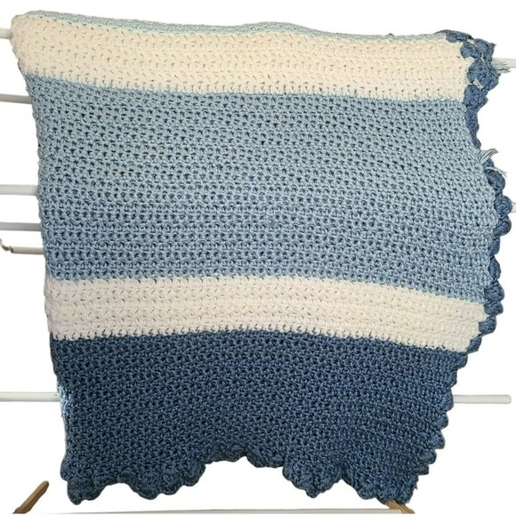 Handmade Knit Throw Blanket 110" x 48" Blue White Striped Scallop Edge - Picture 3 of 5
